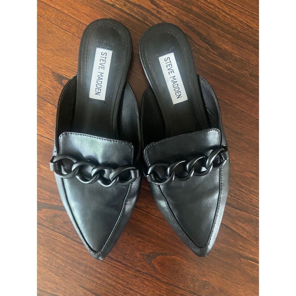 Steve Madden Levity Black Leather Pointed Toe Chain Mules Flats sz 7 new! - Picture 2 of 6